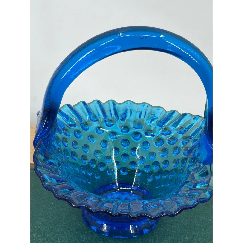 Vintage Blue Fenton Hobnail Glass Basket Ruffled Applied Handle Decorative Dish‎